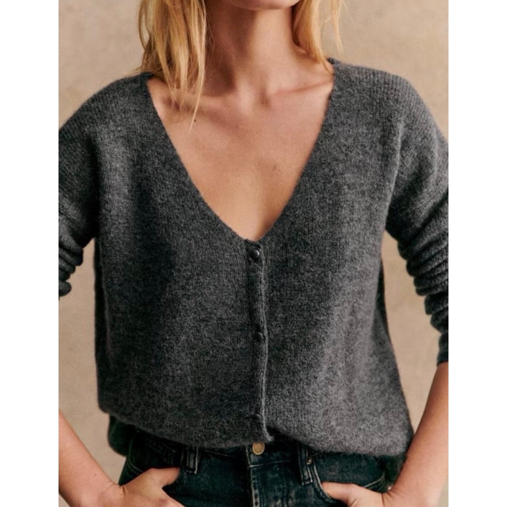 Sezane Barry Cardigan Women L Grey Mohair Alpaca V-Neck Button Front Fuzzy